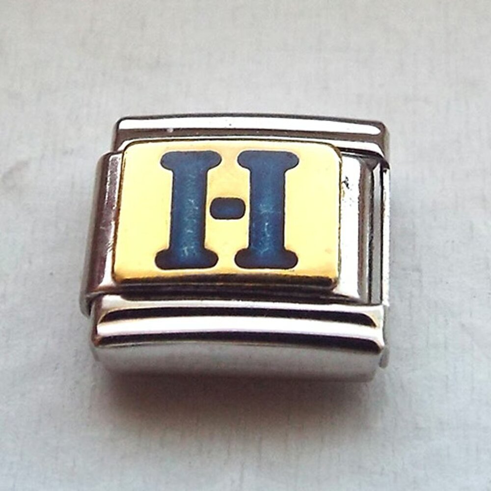 Blue letter H on gold enamel 9mm stainless steel Italian charm bracelet link new